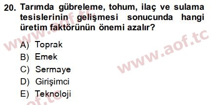 2015 Tarım Ekonomisi ve Tarımsal Politikalar Arasınav 20. Çıkmış Sınav Sorusu