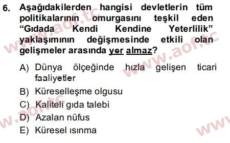 2015 Tarım Ekonomisi ve Tarımsal Politikalar Arasınav 6. Çıkmış Sınav Sorusu