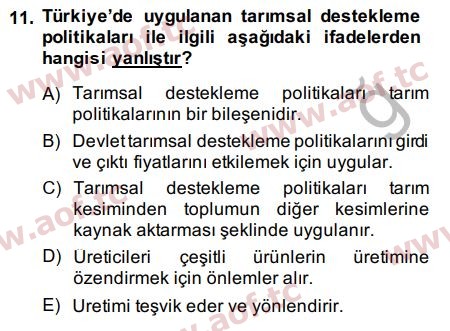 2015 Tarım Ekonomisi ve Tarımsal Politikalar Final 11. Çıkmış Sınav Sorusu