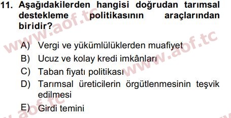 2016 Tarım Ekonomisi ve Tarımsal Politikalar Arasınav 11. Çıkmış Sınav Sorusu