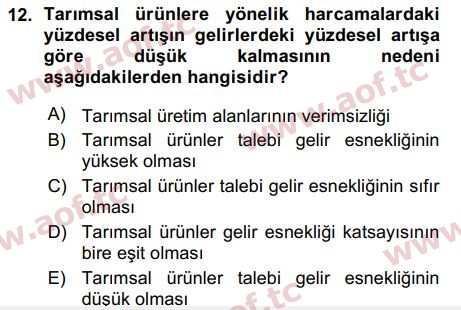 2016 Tarım Ekonomisi ve Tarımsal Politikalar Arasınav 12. Çıkmış Sınav Sorusu