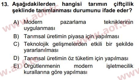 2016 Tarım Ekonomisi ve Tarımsal Politikalar Arasınav 13. Çıkmış Sınav Sorusu