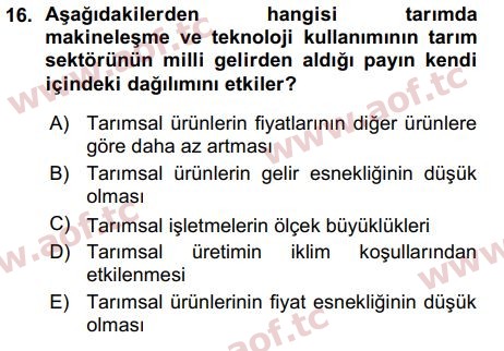 2016 Tarım Ekonomisi ve Tarımsal Politikalar Arasınav 16. Çıkmış Sınav Sorusu