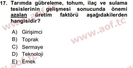 2016 Tarım Ekonomisi ve Tarımsal Politikalar Arasınav 17. Çıkmış Sınav Sorusu