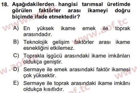 2016 Tarım Ekonomisi ve Tarımsal Politikalar Arasınav 18. Çıkmış Sınav Sorusu