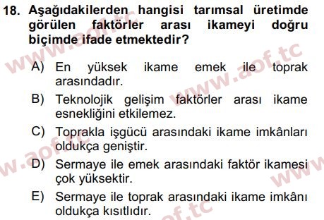 2016 Tarım Ekonomisi ve Tarımsal Politikalar Arasınav 18. Çıkmış Sınav Sorusu