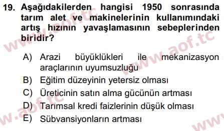 2016 Tarım Ekonomisi ve Tarımsal Politikalar Arasınav 19. Çıkmış Sınav Sorusu