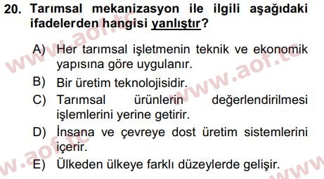 2016 Tarım Ekonomisi ve Tarımsal Politikalar Arasınav 20. Çıkmış Sınav Sorusu