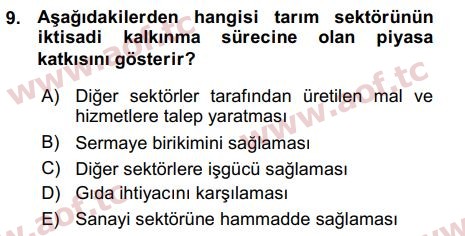 2016 Tarım Ekonomisi ve Tarımsal Politikalar Arasınav 9. Çıkmış Sınav Sorusu