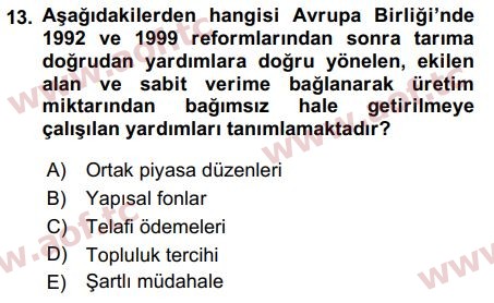 2017 Tarım Ekonomisi ve Tarımsal Politikalar Final 13. Çıkmış Sınav Sorusu