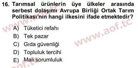 2017 Tarım Ekonomisi ve Tarımsal Politikalar Final 16. Çıkmış Sınav Sorusu