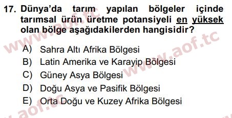 2017 Tarım Ekonomisi ve Tarımsal Politikalar Final 17. Çıkmış Sınav Sorusu