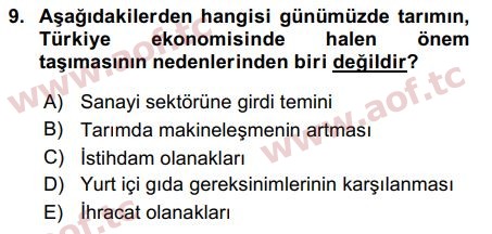 2017 Tarım Ekonomisi ve Tarımsal Politikalar Final 9. Çıkmış Sınav Sorusu