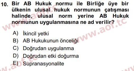 2016 Avrupa Birliği Arasınav 10. Çıkmış Sınav Sorusu