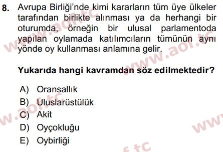 2016 Avrupa Birliği Arasınav 8. Çıkmış Sınav Sorusu