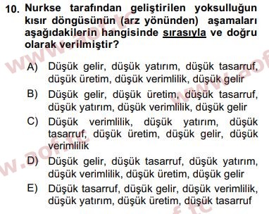 2018 İktisadi Kalkınma Arasınav 10. Çıkmış Sınav Sorusu