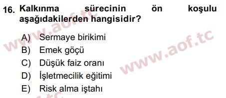 2018 İktisadi Kalkınma Arasınav 16. Çıkmış Sınav Sorusu