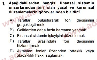 2016 Finansal Ekonomi Arasınav 1. Çıkmış Sınav Sorusu