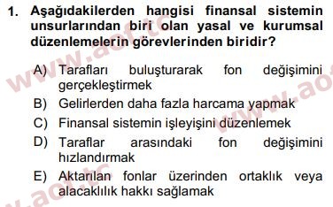 2016 Finansal Ekonomi Arasınav 1. Çıkmış Sınav Sorusu