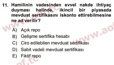 2016 Finansal Ekonomi Arasınav 11. Çıkmış Sınav Sorusu