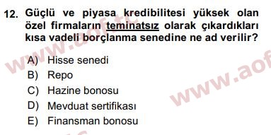 2016 Finansal Ekonomi Arasınav 12. Çıkmış Sınav Sorusu