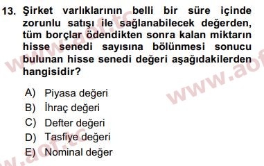 2016 Finansal Ekonomi Arasınav 13. Çıkmış Sınav Sorusu