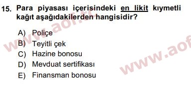 2016 Finansal Ekonomi Arasınav 15. Çıkmış Sınav Sorusu