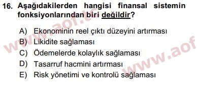 2016 Finansal Ekonomi Arasınav 16. Çıkmış Sınav Sorusu