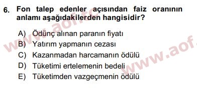 2016 Finansal Ekonomi Arasınav 6. Çıkmış Sınav Sorusu