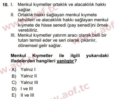 2017 Finansal Ekonomi Arasınav 10. Çıkmış Sınav Sorusu