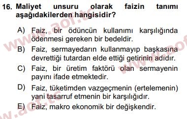 2017 Finansal Ekonomi Arasınav 16. Çıkmış Sınav Sorusu