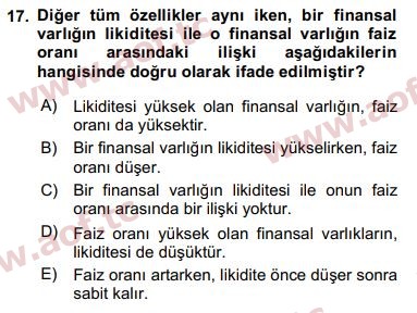 2017 Finansal Ekonomi Arasınav 17. Çıkmış Sınav Sorusu