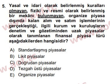 2017 Finansal Ekonomi Arasınav 5. Çıkmış Sınav Sorusu