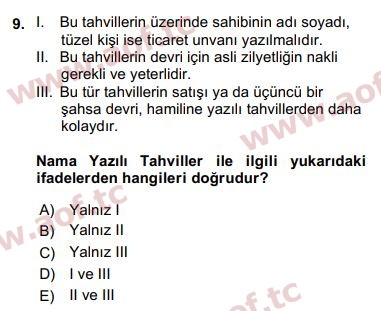 2017 Finansal Ekonomi Arasınav 9. Çıkmış Sınav Sorusu