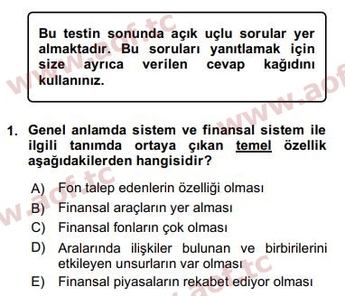 2018 Finansal Ekonomi Arasınav 1. Çıkmış Sınav Sorusu