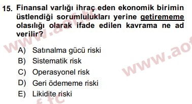 2018 Finansal Ekonomi Arasınav 15. Çıkmış Sınav Sorusu