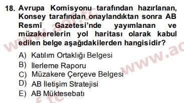 2015 Avrupa Birliği ve Türkiye İlişkileri Arasınav 18. Çıkmış Sınav Sorusu