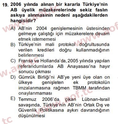 2015 Avrupa Birliği ve Türkiye İlişkileri Arasınav 19. Çıkmış Sınav Sorusu