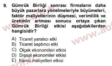 2015 Avrupa Birliği ve Türkiye İlişkileri Arasınav 9. Çıkmış Sınav Sorusu