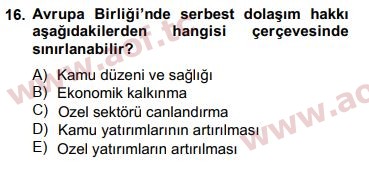 2015 Avrupa Birliği ve Türkiye İlişkileri Final 16. Çıkmış Sınav Sorusu