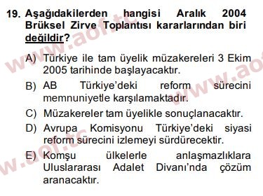 2015 Avrupa Birliği ve Türkiye İlişkileri Final 19. Çıkmış Sınav Sorusu