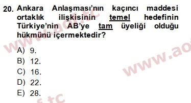 2015 Avrupa Birliği ve Türkiye İlişkileri Final 20. Çıkmış Sınav Sorusu