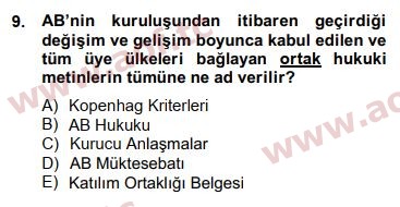 2015 Avrupa Birliği ve Türkiye İlişkileri Final 9. Çıkmış Sınav Sorusu