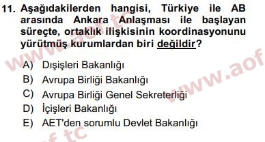 2016 Avrupa Birliği ve Türkiye İlişkileri Arasınav 11. Çıkmış Sınav Sorusu