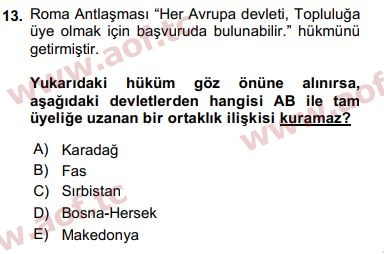 2016 Avrupa Birliği ve Türkiye İlişkileri Arasınav 13. Çıkmış Sınav Sorusu