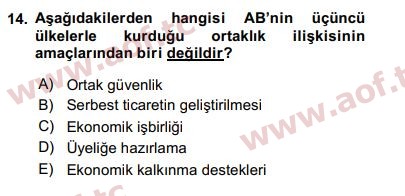 2016 Avrupa Birliği ve Türkiye İlişkileri Arasınav 14. Çıkmış Sınav Sorusu