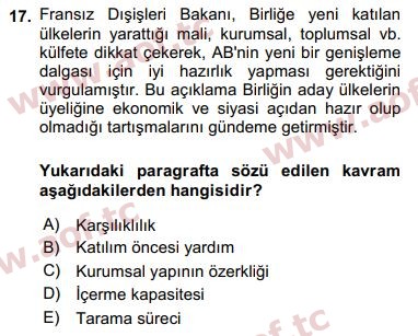 2016 Avrupa Birliği ve Türkiye İlişkileri Arasınav 17. Çıkmış Sınav Sorusu