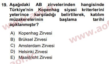 2016 Avrupa Birliği ve Türkiye İlişkileri Arasınav 19. Çıkmış Sınav Sorusu