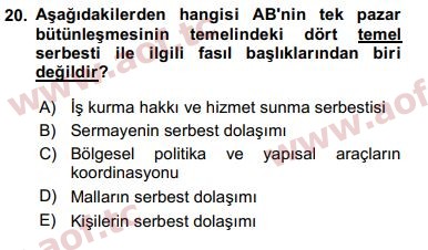 2016 Avrupa Birliği ve Türkiye İlişkileri Arasınav 20. Çıkmış Sınav Sorusu