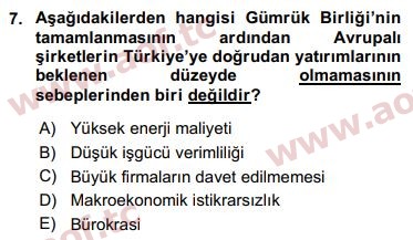 2016 Avrupa Birliği ve Türkiye İlişkileri Arasınav 7. Çıkmış Sınav Sorusu